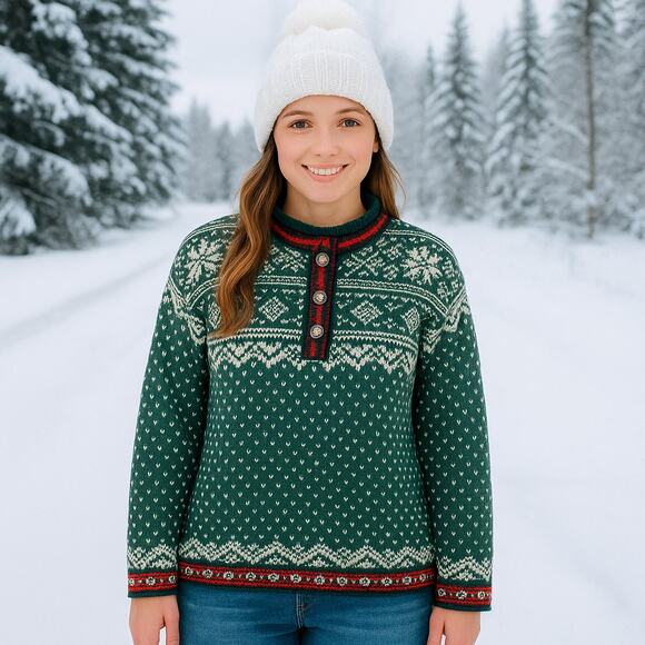 L. L. Bean VTG SZ M Cotton Nordic Fair Isle Snowflake/Heart Henley Sweater - Picture 1 of 6